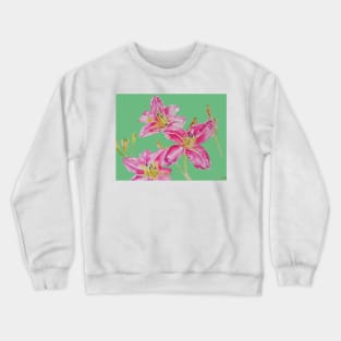 Pink Lily Flower Watercolor Painting Pattern - on Apple Green Crewneck Sweatshirt